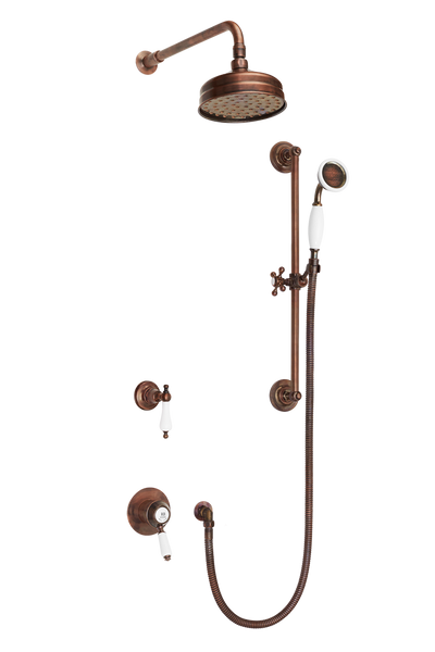 Traditional Concealed Shower System Arm Rose Diverter & Flexible Kit - Porcelain Levers