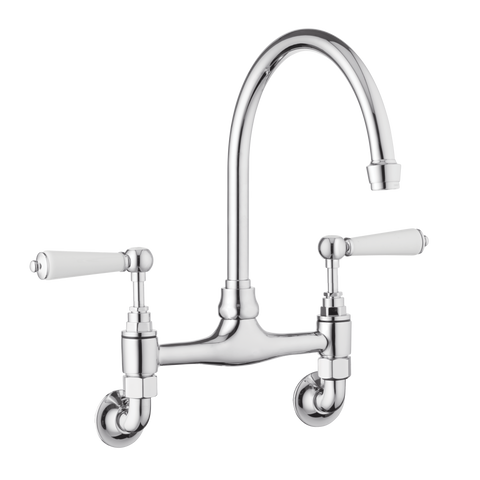 Traditional Kitchen Mixer Tap - Wall Mounted - Metal Levers