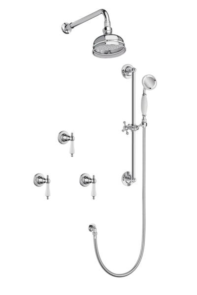 Art Deco Shower System With Arm Rose Diverter & Slide Bar Handshower - Porcelain Levers