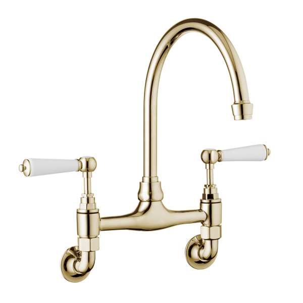 Traditional Kitchen Mixer Tap - Wall Mounted - Porcelain Levers